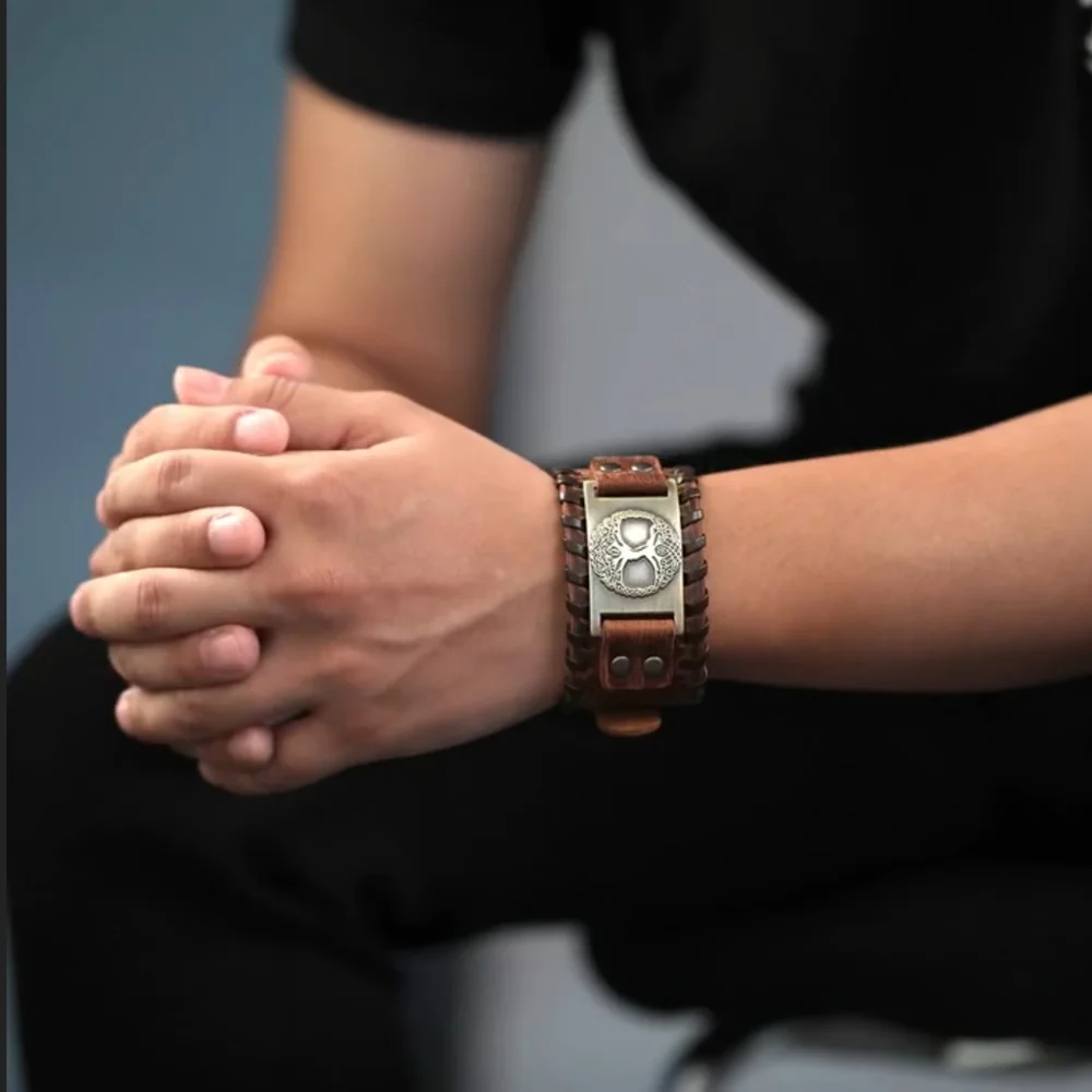 Men's Leather Cuff Bracelet with Metal Tree of Life Emblem